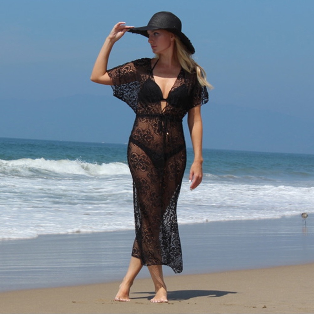 Black Lace Floral Kimono Beach Cover-Up